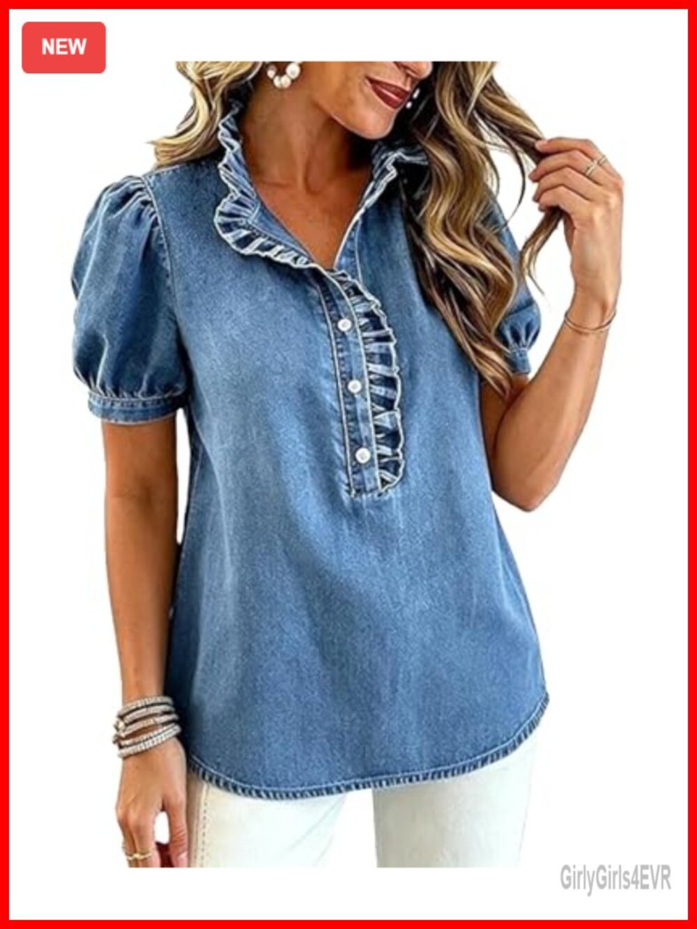 Women's Denim Shirt Ruffle Trim Puff Short Sleeve Button Down Casual Vintage